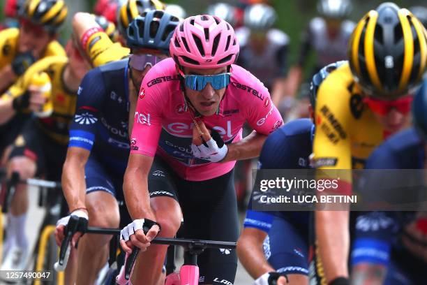 The overall leader's pink jersey Groupama - FDJ's French rider Bruno Armirail rides during the sixteenth stage of the Giro d'Italia 2023 cycling...