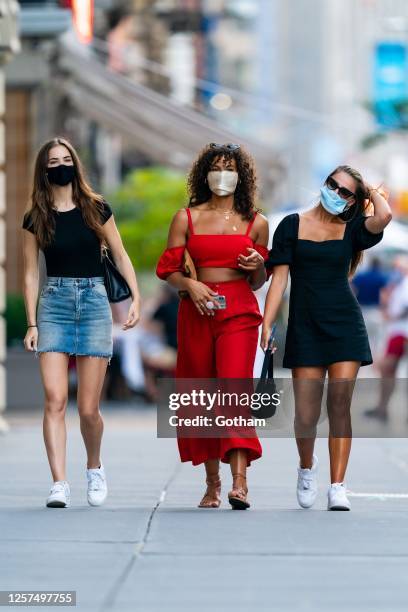 Robin Holzken, Marquita Pring and Brooks Nader are seen in Tribeca on July 21, 2020 in New York City.