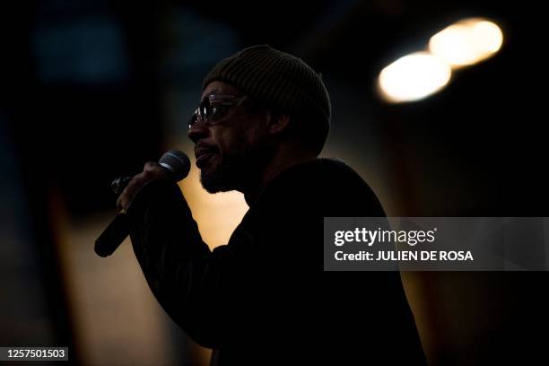 French rapper and actor Didier Morville aka JoeyStarr meets students to discuss about his book "Le petit Didier" at the school Jean Zay, in...