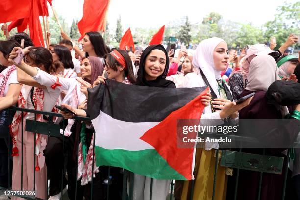 Students of Birzeit University, supporting Hamas, Fatah and the Popular Front for the Liberation of Palestine , gather for a debate held prior to the...