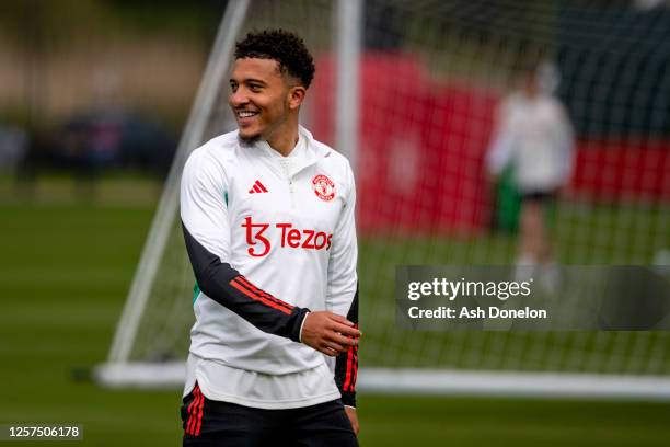 Jadon Sancho of Manchester United in action during a first team training session at Carrington Training Ground on May 23, 2023 in Manchester, England.