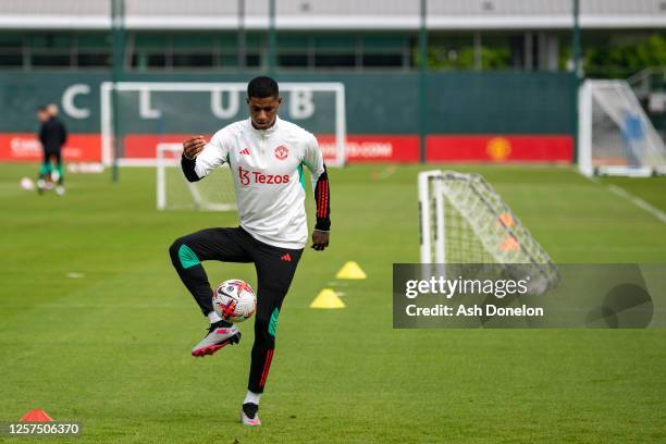 Marcus Rashford of Manchester United in action during a first team training session at Carrington Training Ground on May 23, 2023 in Manchester,...