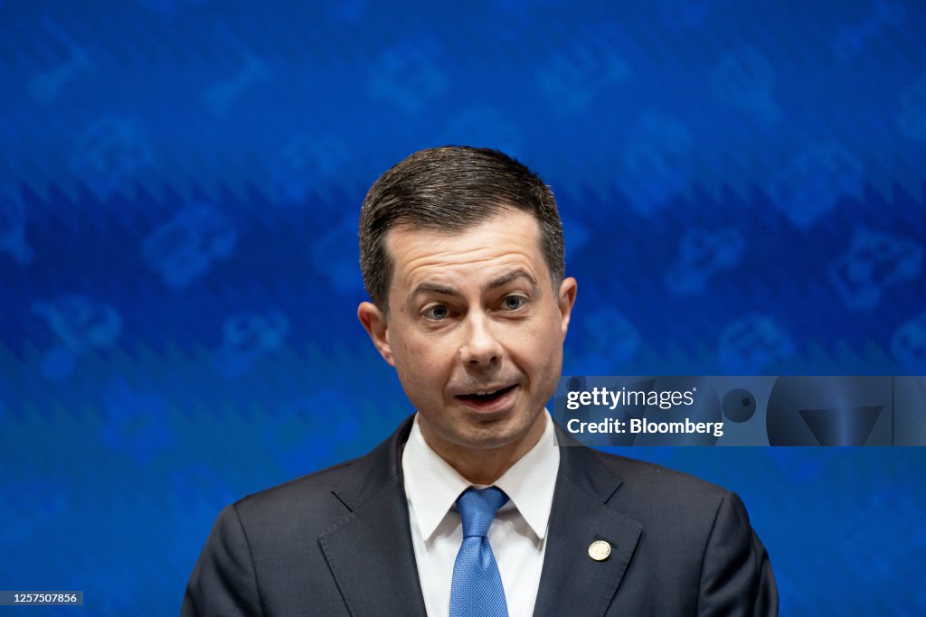Pete Buttigieg, US transportation secretary, speaks during a news
