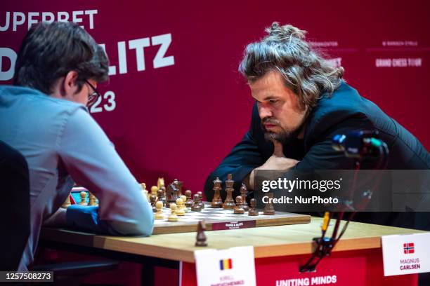 Kirill Shevchenko , Magnus Carlsen during Superbet Rapid &amp; Blitz Poland 2023 Chess Tournament Day 3 ,in Warsaw, Poland, on May 23, 2023 NO SALES...