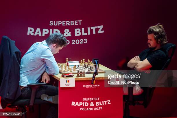 Bogdan Deac , Magnus Carlsen during Superbet Rapid &amp; Blitz Poland 2023 Chess Tournament Day 3 ,in Warsaw, Poland, on May 23, 2023 NO SALES POLAND