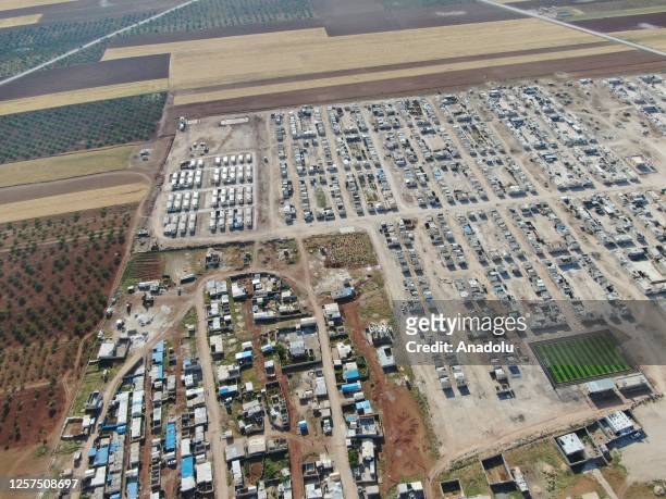 An aerial view of the area as the construction of briquette houses continues in Aleppo, Syria on May 19, 2023. Due to the civil war in the country,...