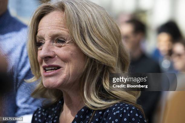 Rachel Notley, Alberta New Democratic Party candidate for Alberta premier, speaks with members of the media after voting at an advance polling...