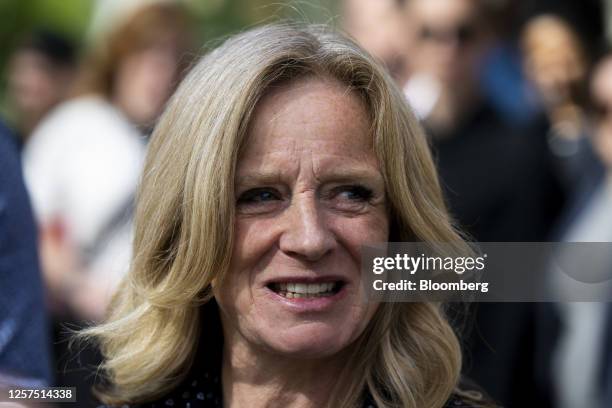 Rachel Notley, Alberta New Democratic Party candidate for Alberta premier, speaks with members of the media after voting at an advance polling...