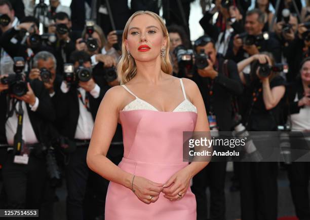 Actress Scarlett Johansson arrives for the premiere of the film Asteroid City during the 76th Cannes Film Festival at Palais des Festivals in Cannes,...