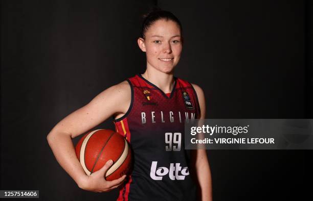 Belgium's pivot Ine Goris poses for the photographer at a media day of the Belgian national team women basketball team 'the Belgian Cats' ahead of...
