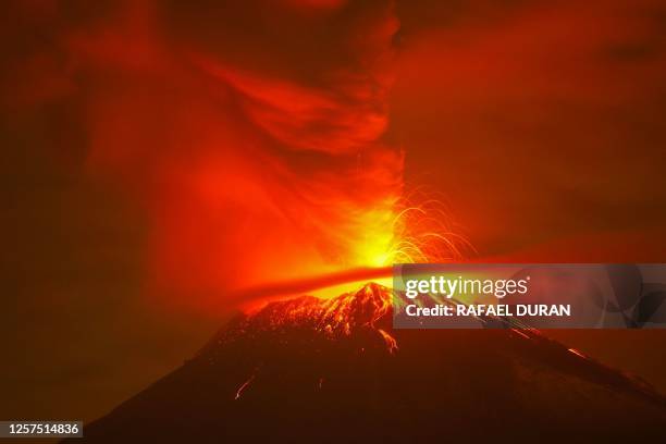 Incandescent materials, ash and smoke are spewed from the Popocatepetl volcano as seen from the San Nicolas de los Ranchos community, state of...