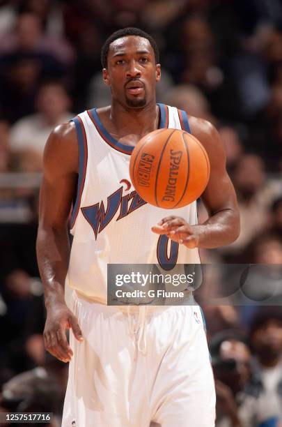 Gilbert Arenas of the Washington Wizards handles the ball against the Miami Heat on December 15, 2004 at the MCI Center in Washington, DC. NOTE TO...