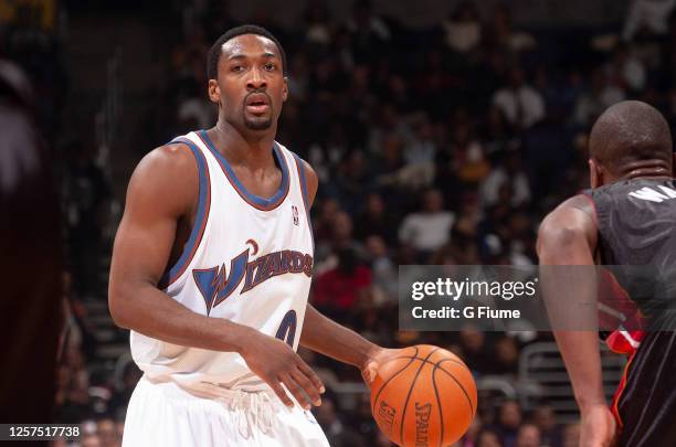 Gilbert Arenas of the Washington Wizards handles the ball against the Miami Heat on December 15, 2004 at the MCI Center in Washington, DC. NOTE TO...