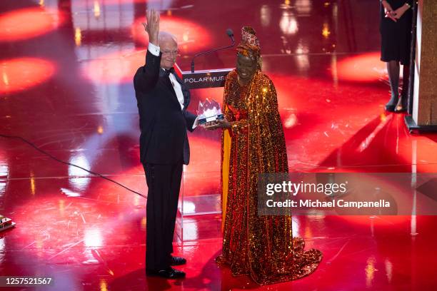 King Carl XVI Gustaf of Sweden awards the 2023 Polar Music Prize to Angelique Kidjo on May 23, 2023 in Stockholm, Sweden.