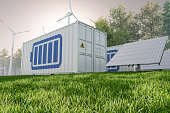 Solar Panel, wind turbines and Li-ion Battery Container With Blue Sky Background.  Energy Storage System.