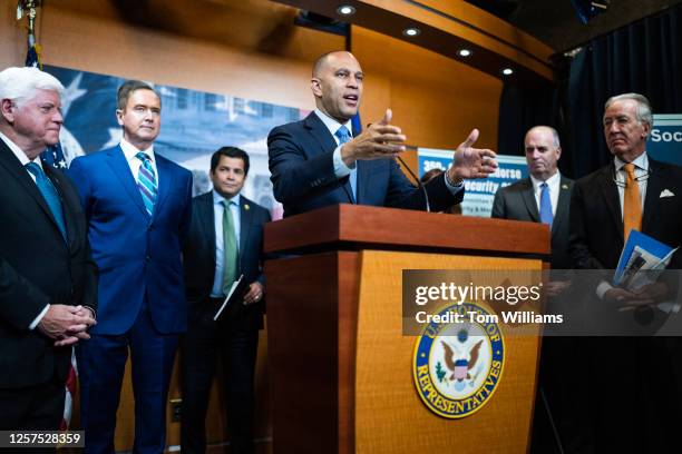 House Minority Leader Hakeem Jeffries, D-N.Y., conducts a news conference on Democrats' plan to "secure and expand" social security in the Capitol...