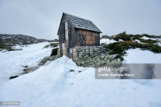 old wooden cabin, hut in snow, emergency shelter for hikers, australia - overland track stock pictures, royalty-free photos & images