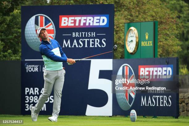 Ricardo Santos of Portugal plays his tee shot on the 5th hole during Day 1 of the Betfred British Masters at Close House Golf Club on July 22, 2020...