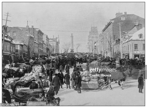 antique black and white photo: market day, jacques cartier square, montreal, canada - montreal stock illustrations