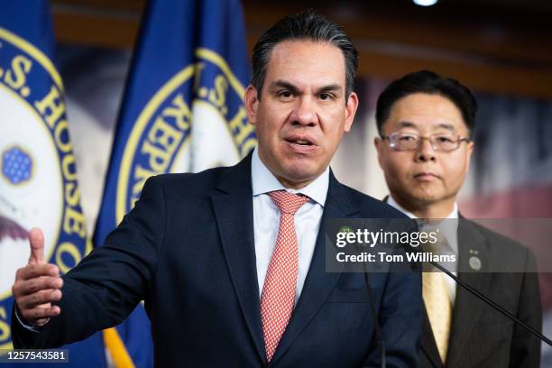 House Democratic Caucus vice chair Pete Aguilar, D-Calif., left, and Rep. Ted Lieu, D-Calif., conduct a news conference after a meeting of the House...