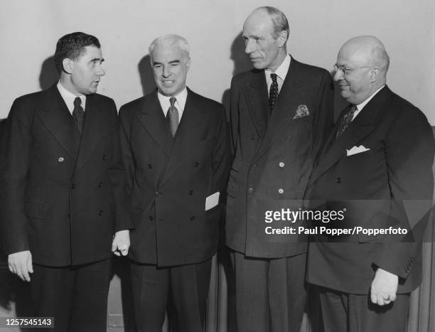 From left, Andrei Gromyko Soviet ambassador to the United States, Edward Stettinius Jr Acting Secretary of State, Edward Wood, 1st Earl of Halifax...