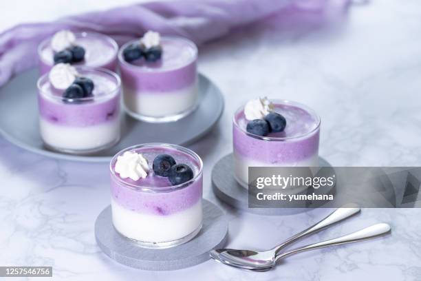 homemade blueberry mousse topped with whipped cream - mousse dessert stock pictures, royalty-free photos & images