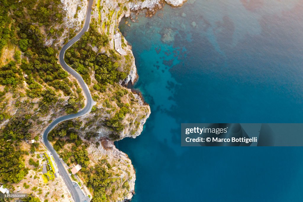 Coastal road and deep blue sea along the Amalfi Coast, Italy