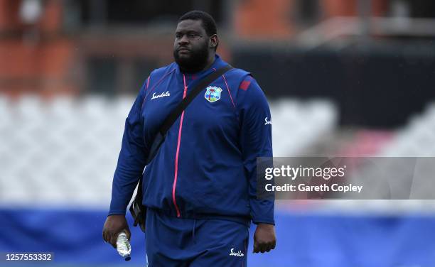 Rahkeem Cornwall arrives during a West Indies Nets Session at Emirates Old Trafford on July 22, 2020 in Manchester, England.