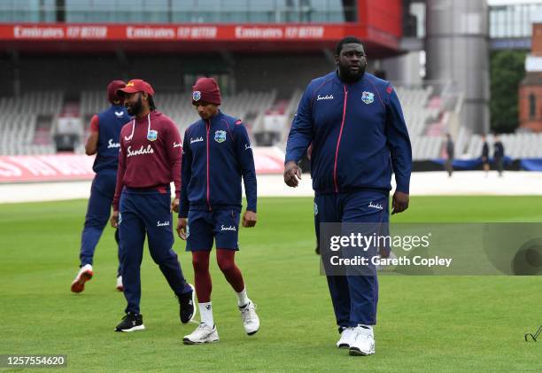 Jamel Warrican , Shane Dowrich and Rahkeem Cornwall of West Indies arrive during a West Indies Nets Session at Emirates Old Trafford on July 22, 2020...