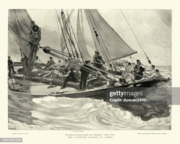 prince of wales yachting in cowes, 19. jahrhundert - cowes stock-grafiken, -clipart, -cartoons und -symbole