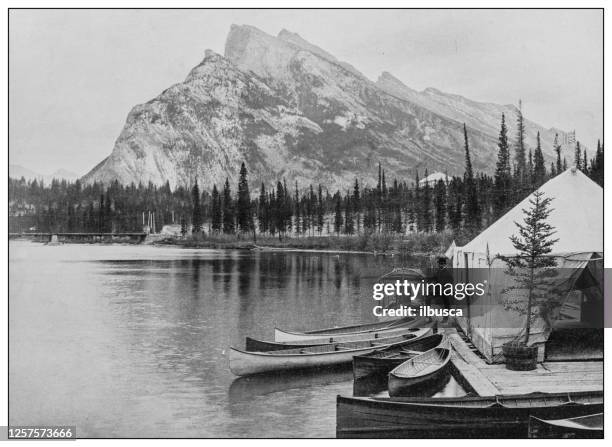 antique black and white photo: banff, alberta - banff springs stock illustrations
