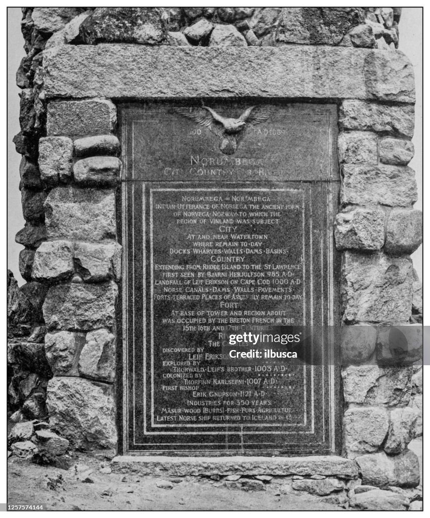 Antique black and white photo: Tablet on Norumbega Tower, Stony Brook, Watertown, Massachusetts