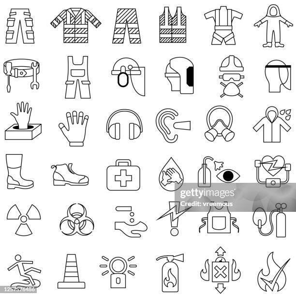 ilustrações de stock, clip art, desenhos animados e ícones de workwear and health and safety outline icons set - bota