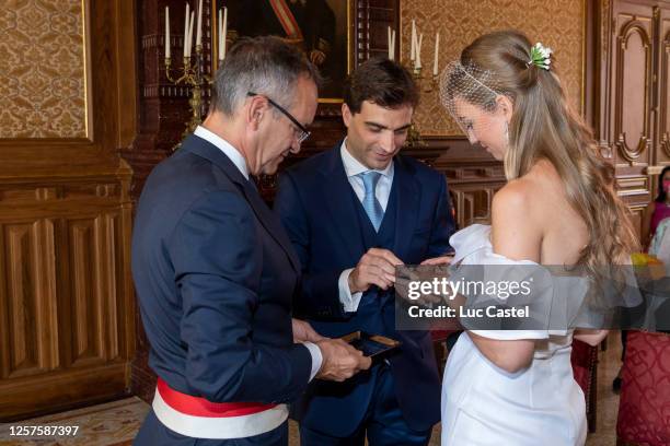 Mayor of Monaco Georges Marsan, Eleonore of Habsburg and Jerome d'Ambrosio attend Civil Marriage of Eleonore of Habsburg and Jerome d'Ambrosio on...