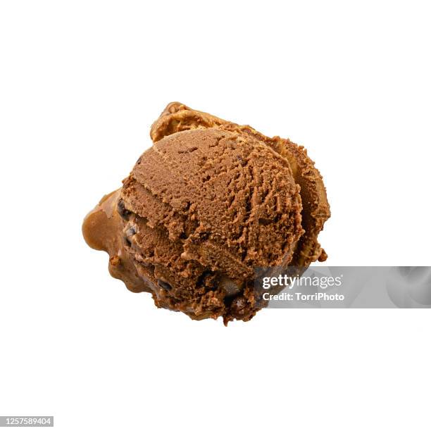 top view of chocolate gelato scoop isolated on white - chocoladeijs stockfoto's en -beelden