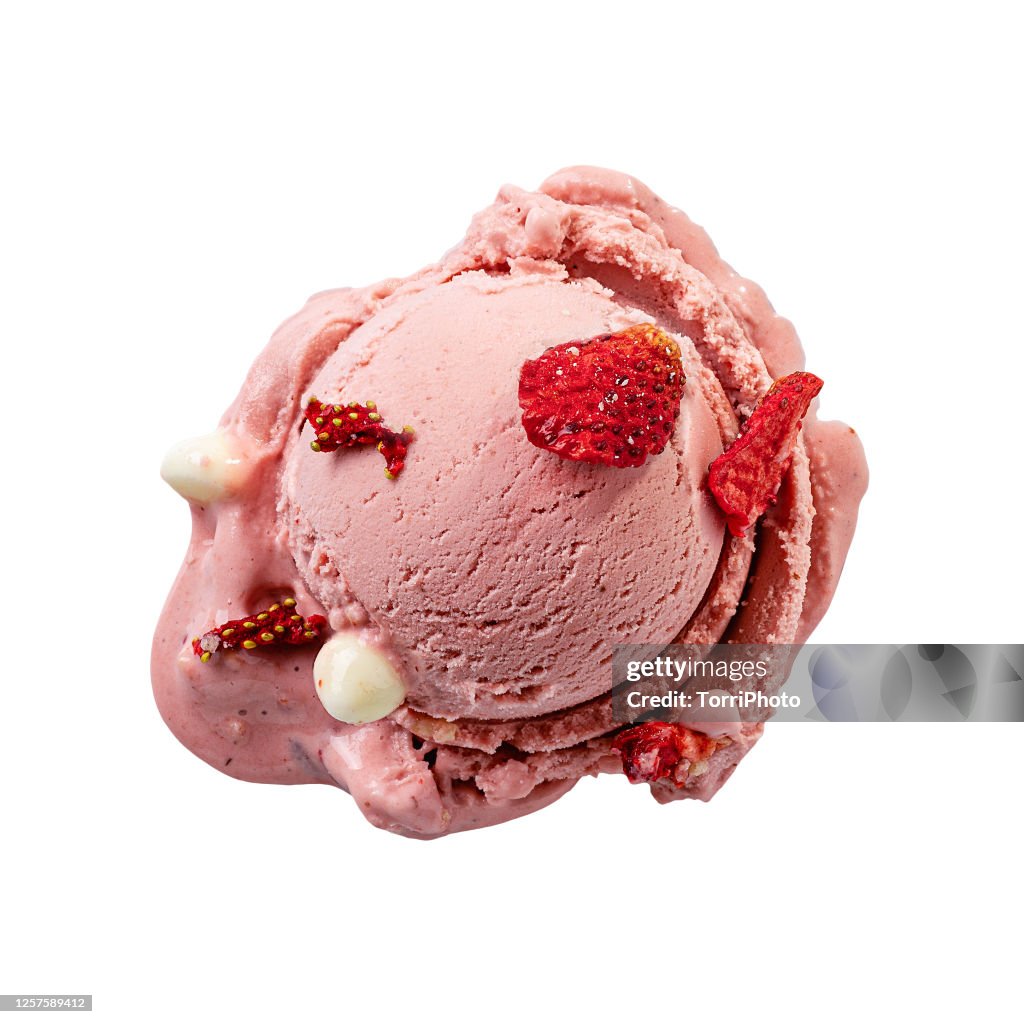 Top view of pink gelato scoop with strawberry isolated on white