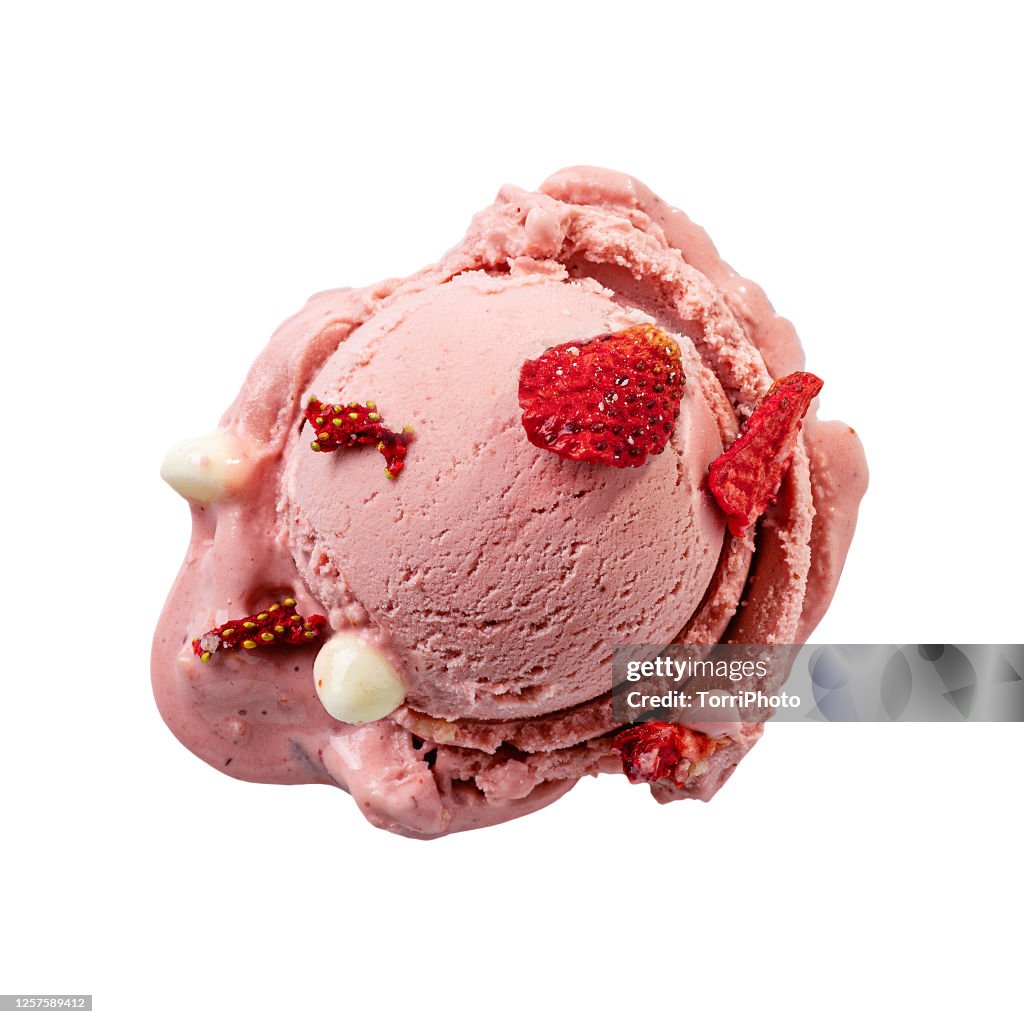 Top View Of Pink Gelato Scoop With Strawberry Isolated On White