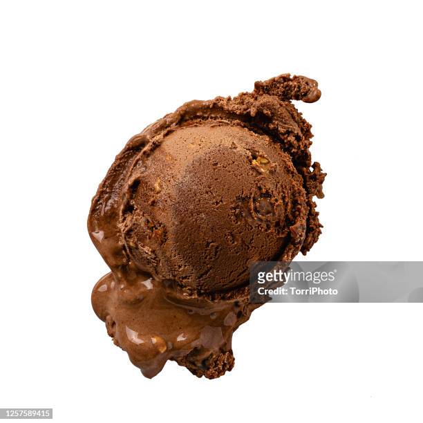 top view of chocolate gelato scoop isolated on white - schokoladeneis stock-fotos und bilder