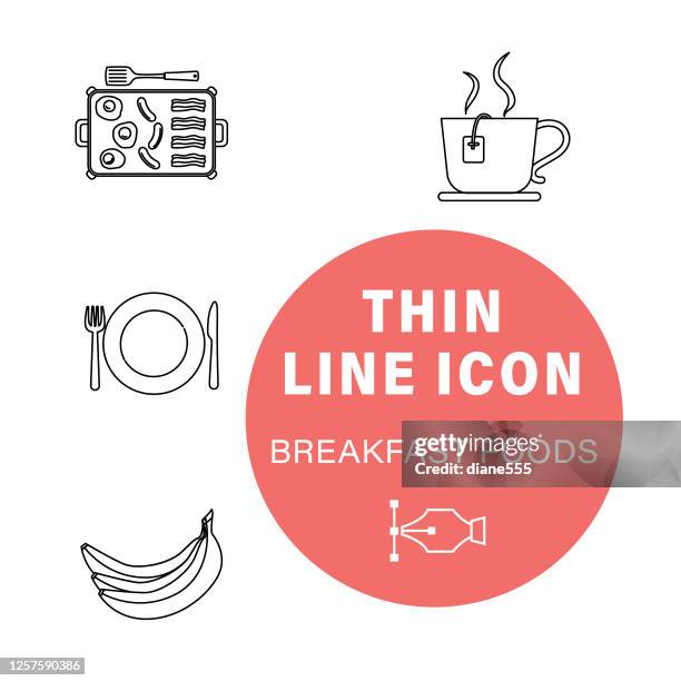 thin line breakfast icon set - serving tray white background stock illustrations
