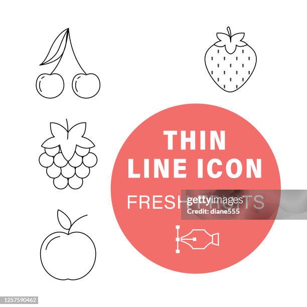 thin line fresh fruit icon set - black cherry stock illustrations