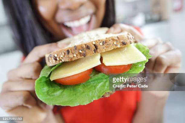 young woman eating cheese and salad sandwich at home - eating brown bread stock pictures, royalty-free photos & images