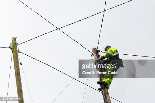 Man working up telegraph pole