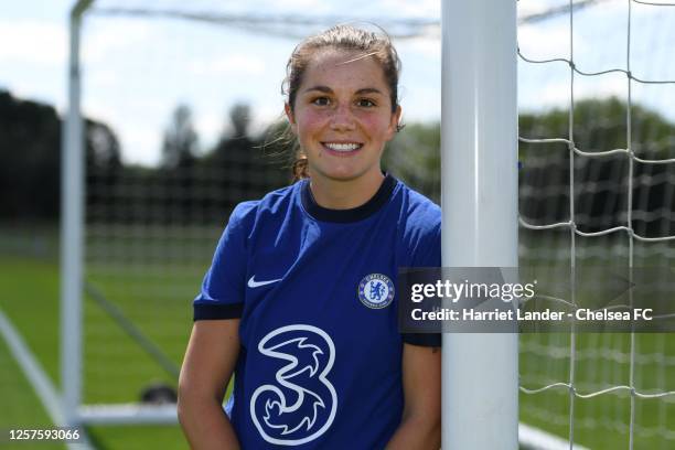 Jessie Fleming poses for a photo as she signs for Chelsea FC Women at Chelsea Training Ground on July 22, 2020 in Cobham, England.