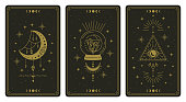 Magical tarot cards. Magic occult tarot cards, esoteric boho spiritual tarot reader moon, crystal and magic eye symbols vector illustration set
