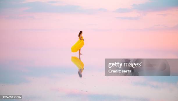 young woman enjoying sunset on salt lake - woman wearing purple dress stock pictures, royalty-free photos & images