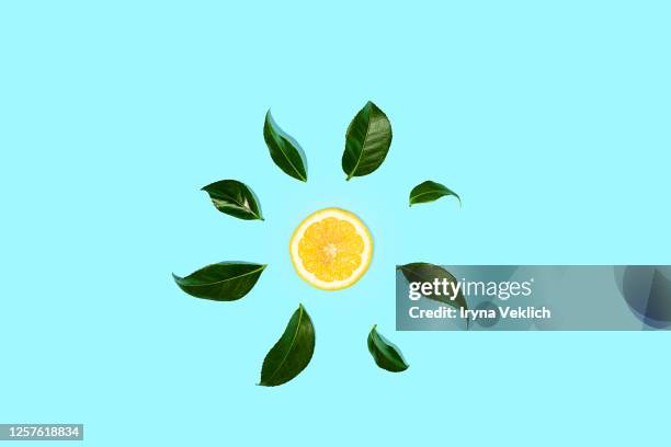 tropical pattern of lemon citrus and green leaves on blue color background. - light burst abstract centre stock-fotos und bilder