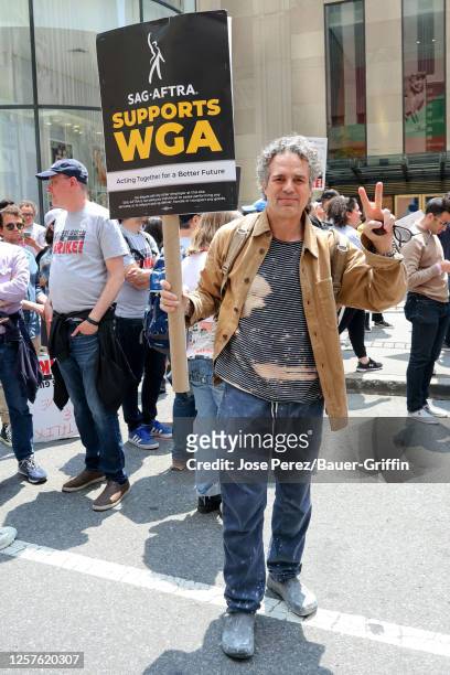 Mark Ruffalo is seen attending the Writers Guild of America strike outside the NBC Building on May 23, 2023 in New York City.