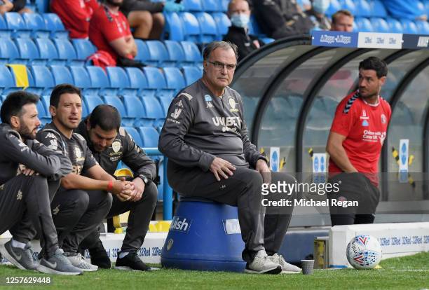 Marcelo Bielsa, Manager of Leeds United watches the play during the Sky Bet Championship match between Leeds United and Charlton Athletic at Elland...