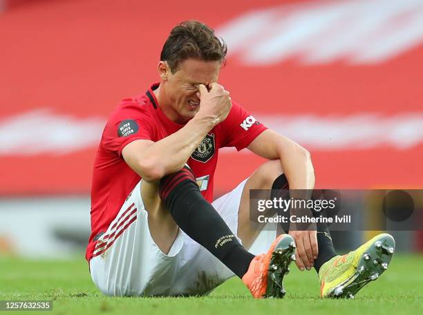 Nemanja Matic of Manchester United looks dejected following the Premier League match between Manchester United and West Ham United at Old Trafford on...