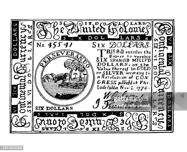 early american currency, continental dollar, first currency of the u.s., introduced by the continental congress to finance the war for independence 6$ - bill congress photos et images de collection